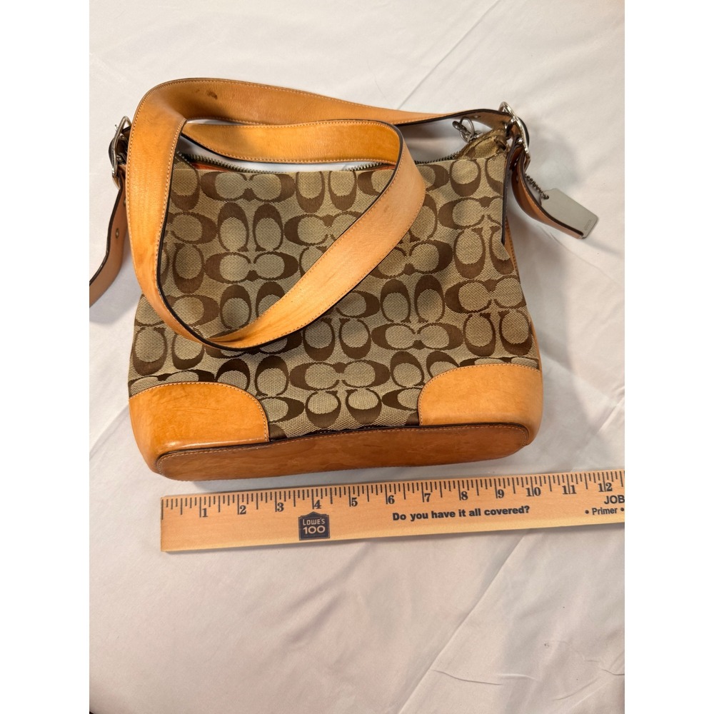 Coach Signature Jacquard Shoulder Bag Khaki Brown Leather Trim 6347 Vintage
